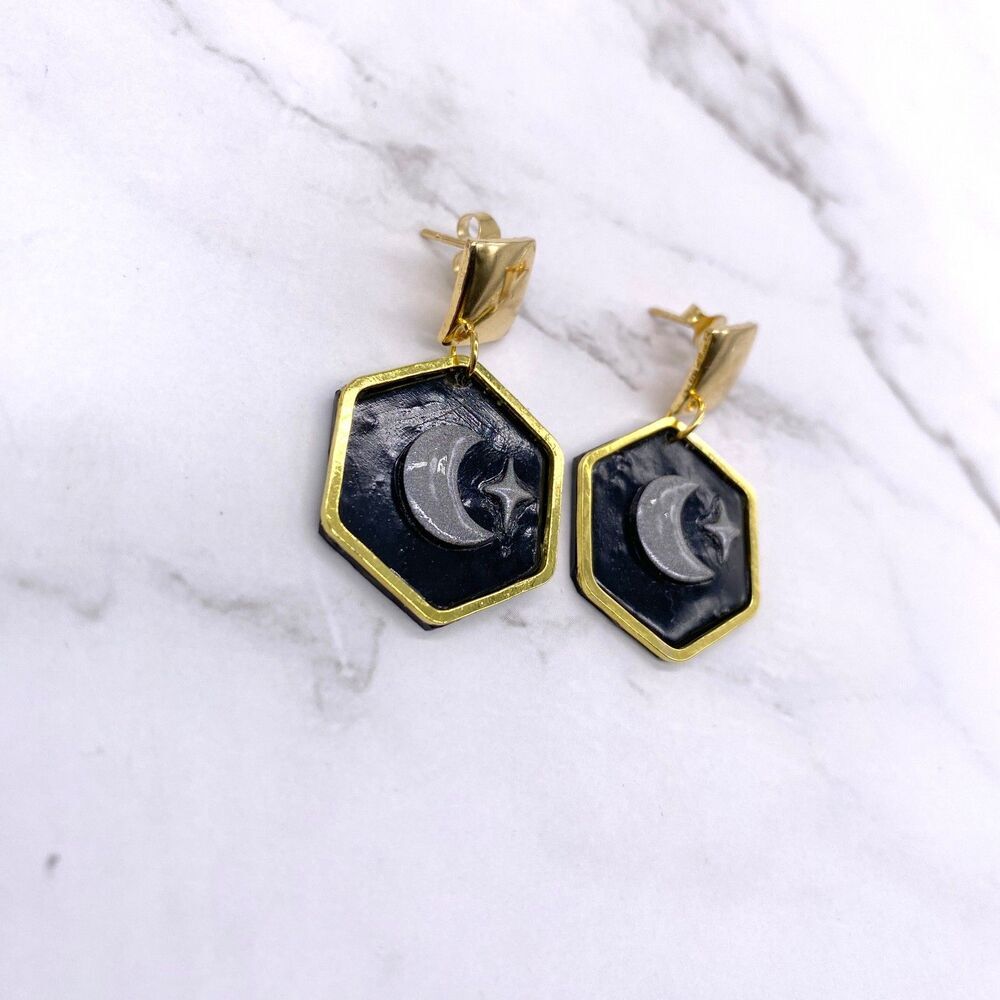 Black Holographic Celestial Crescent Moon Dangle Stud Earrings - Picture 14 of 15